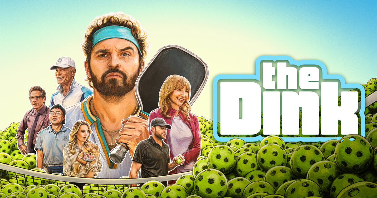 The Dink artwork supplied by Genius Brands, featuring the film's cast and pickleballs